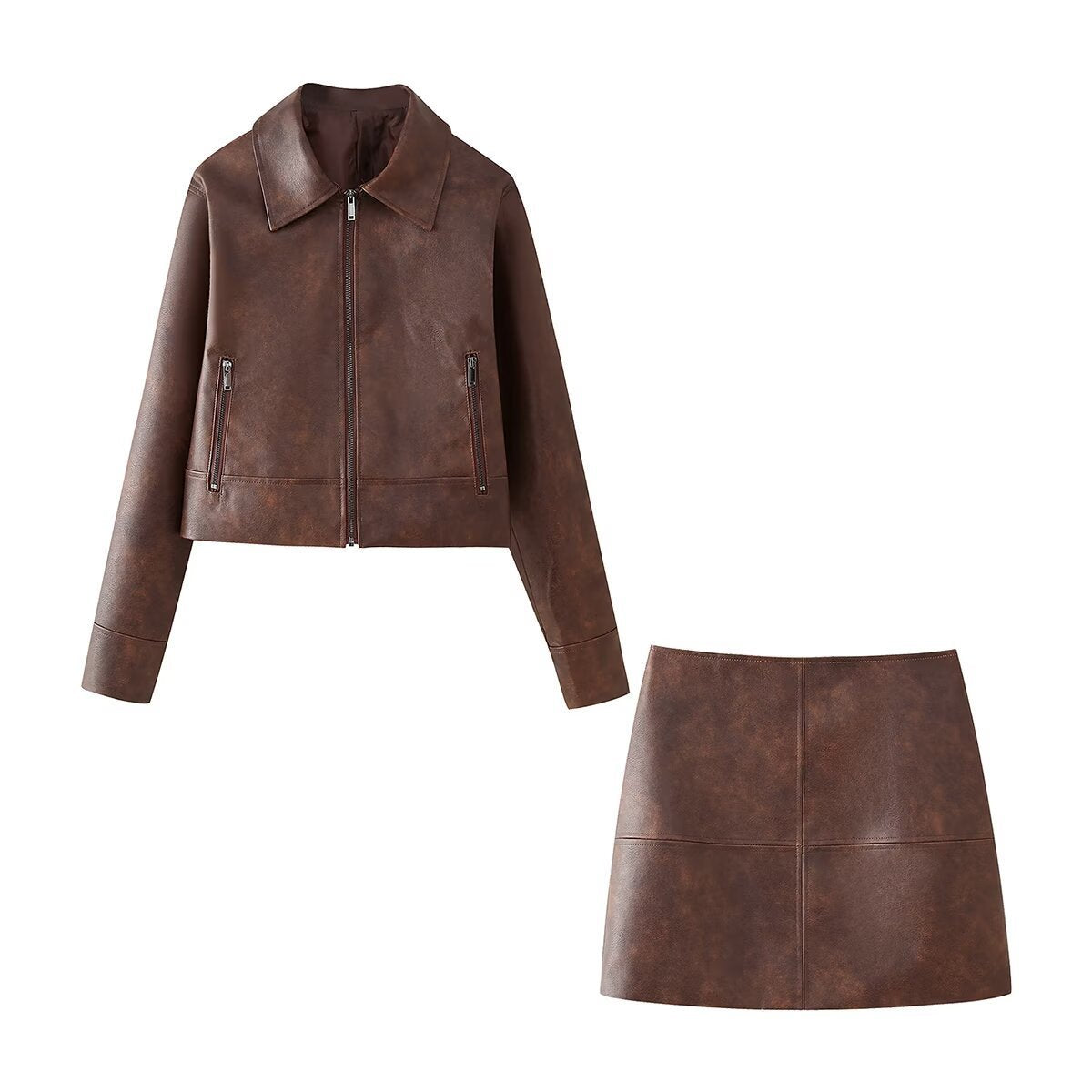 The Faux Leather Zip Jacket & Mini Skirt Set