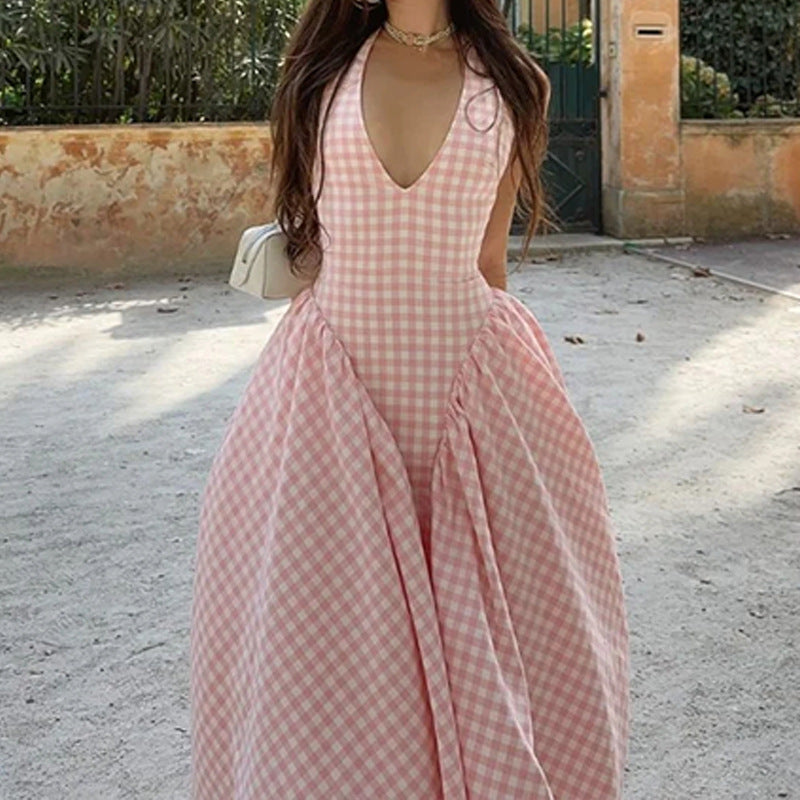 Gingham V-neck Halter Dress