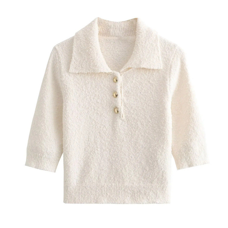 Textured Button Collar Sweater