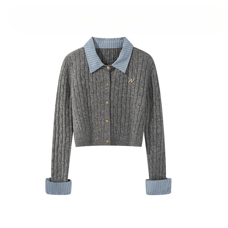 Contrast Collar Cable Knit Cardigan