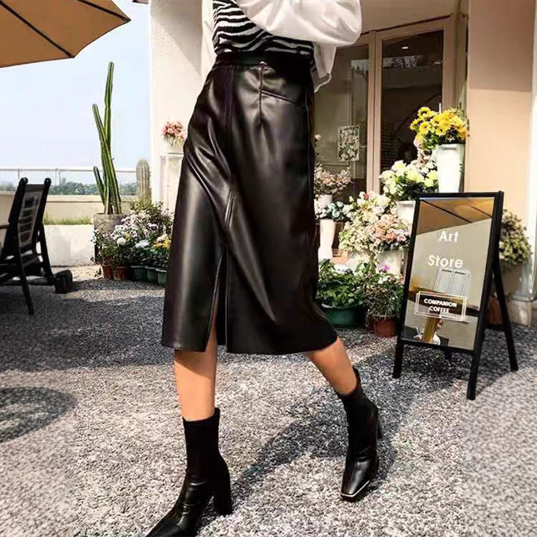 Leather midi skirt