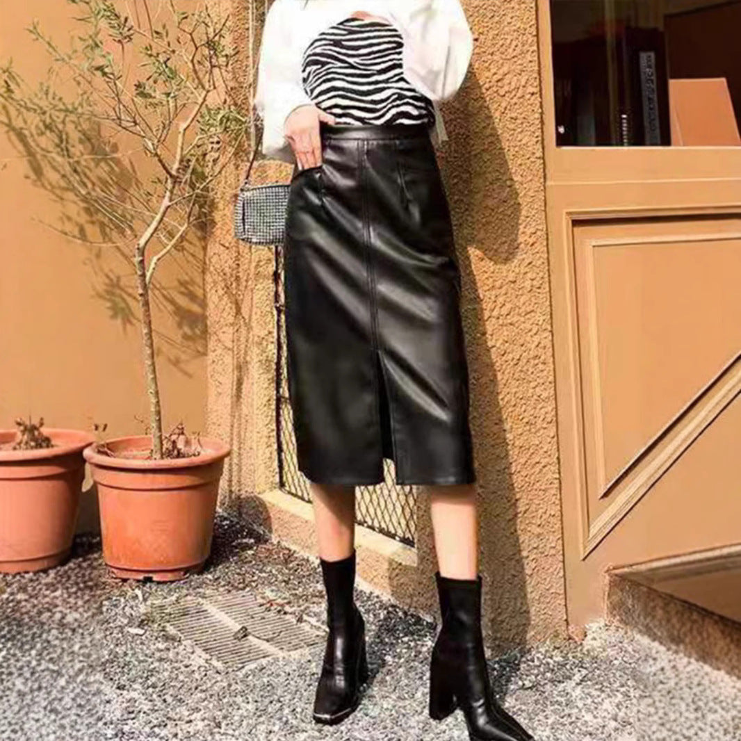Leather midi skirt