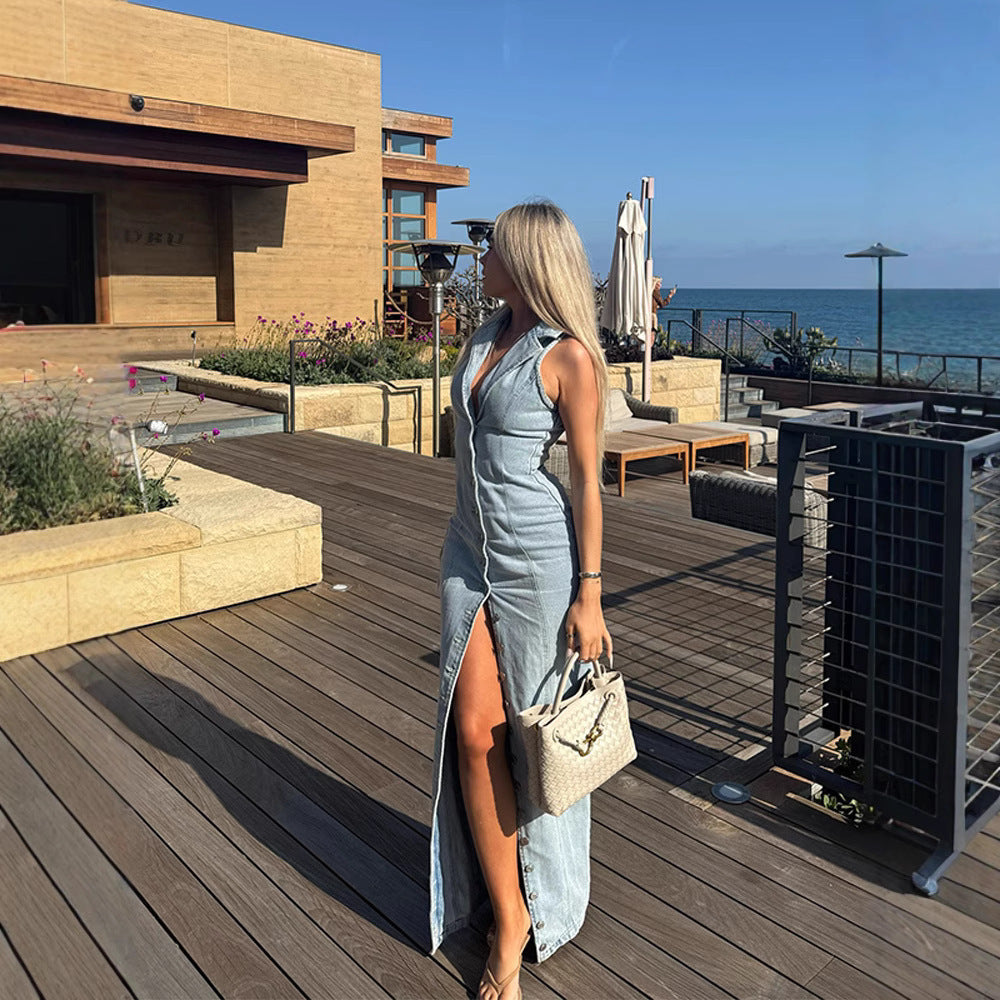 The Sienna Button-Front Denim Maxi