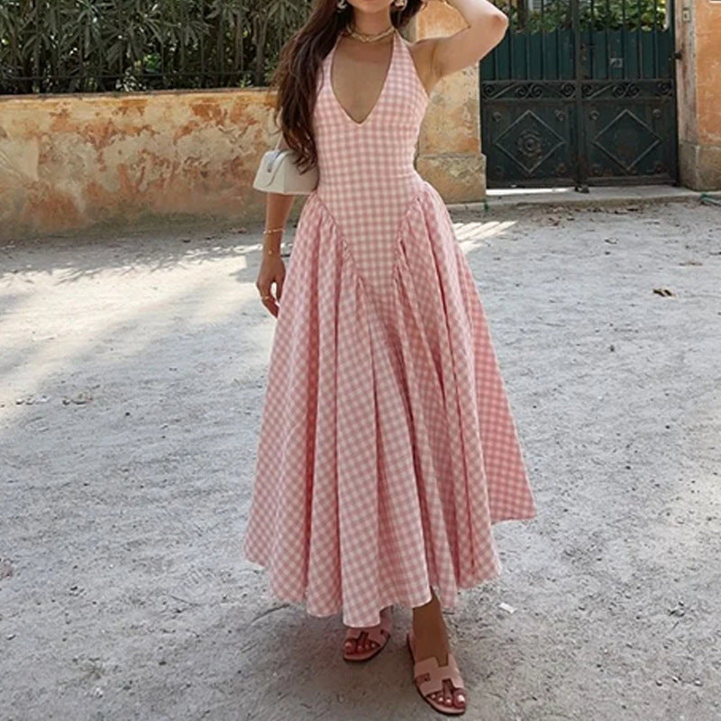 Gingham V-neck Halter Dress